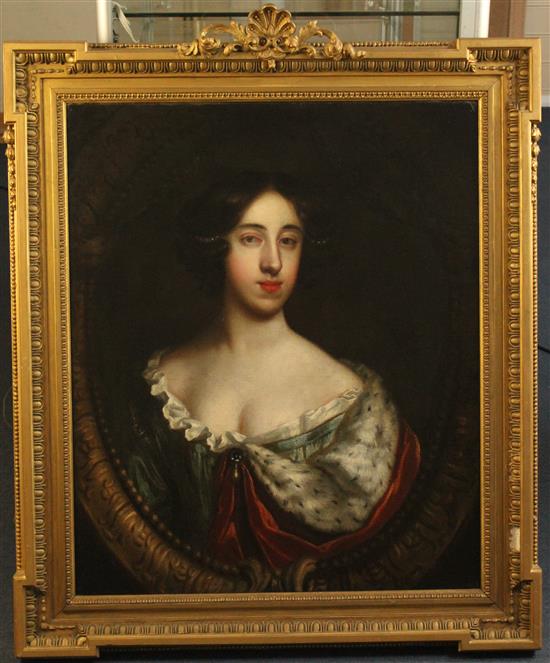 Follower of Michael Dahl (Swedish, 1659-1743) Portrait of a lady in an ermine-trimmed robe, 30 x 25in.